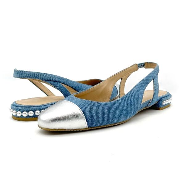 Stuart Weitzman Denim Pearl Slingback Flats Size 6 Silver Cap Toe Made in Spain - Picture 7 of 15